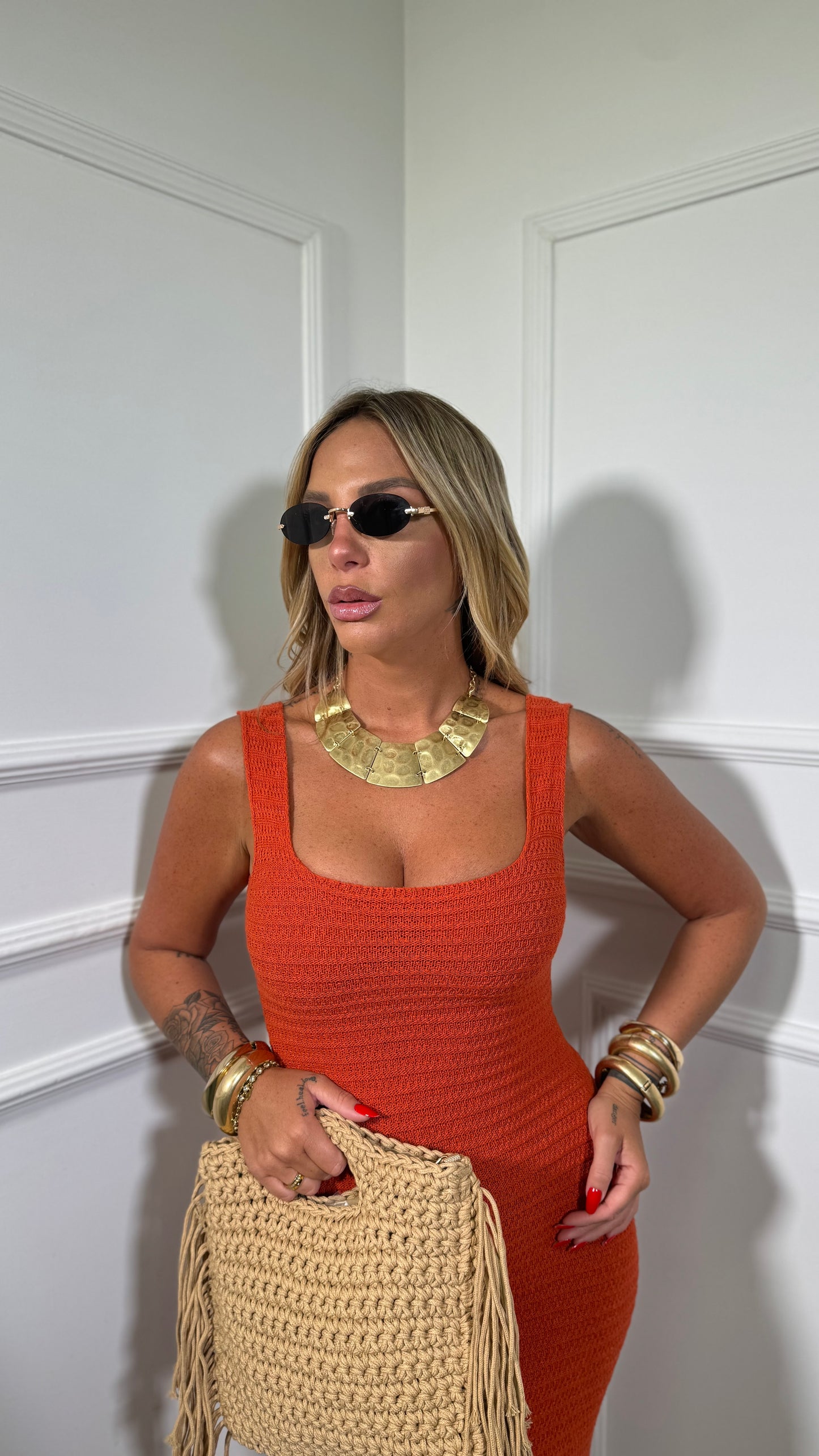 Abito midi in crochet scollo squadrato Dominique arancio