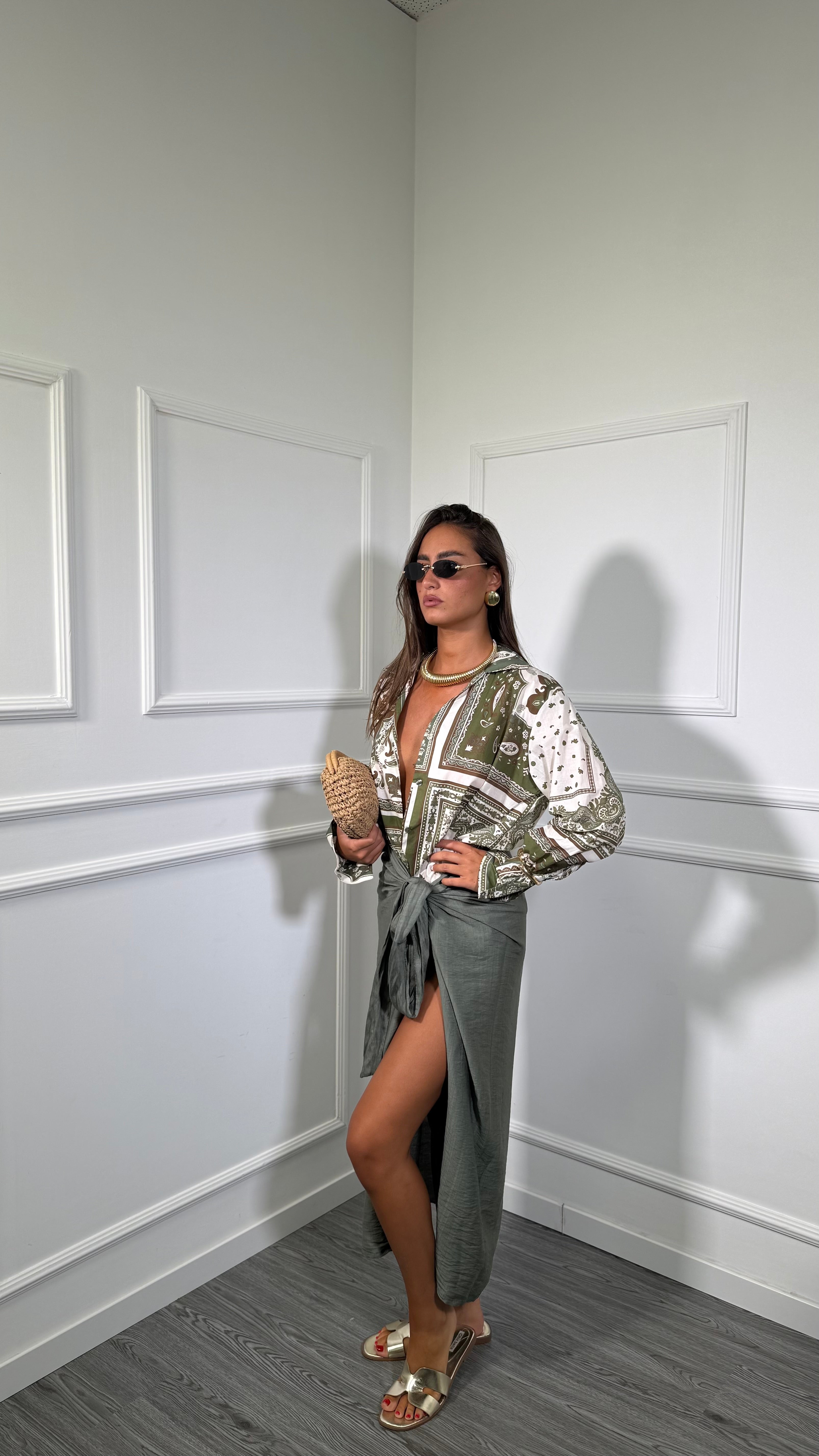 Gonna portafoglio midi misto lino Afro verde militare 96879