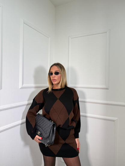 Coordinato rombi in maglia Jolie nero/cacao 025829