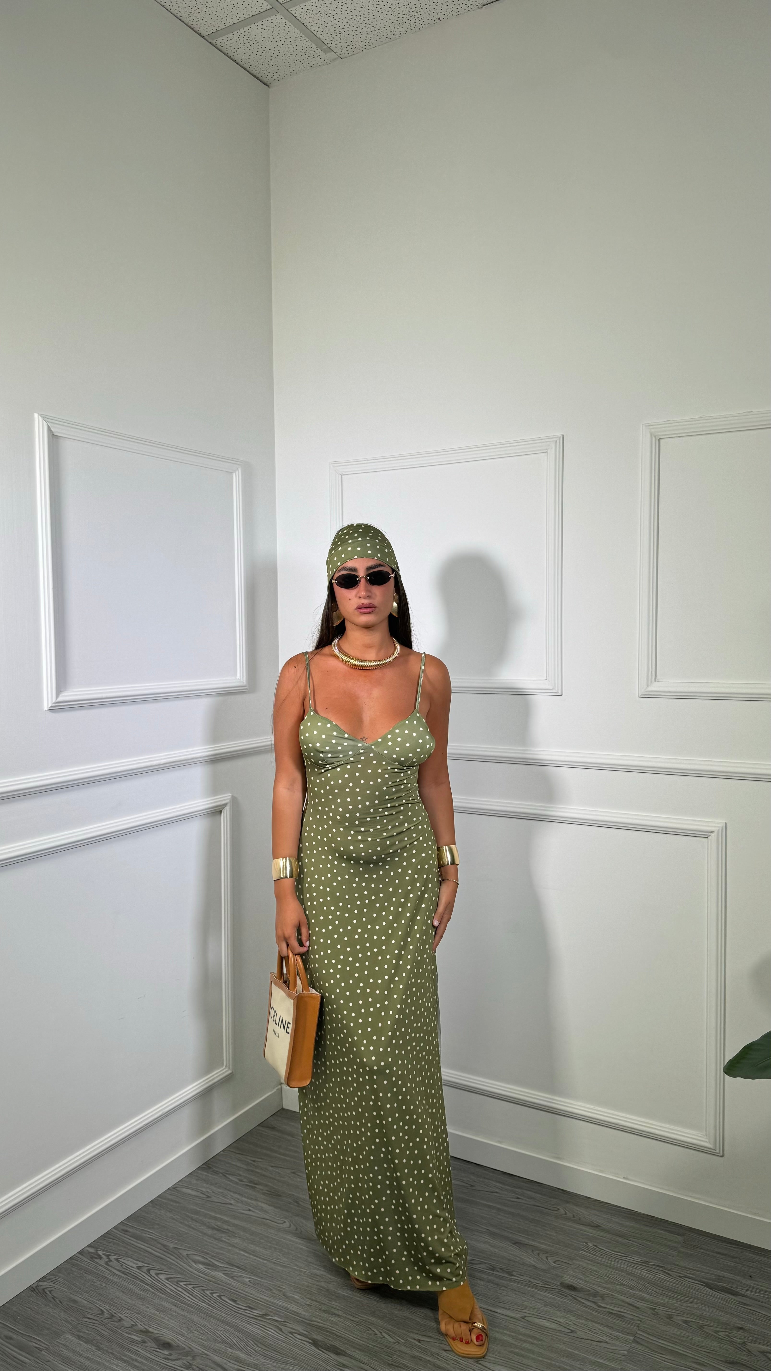 Abito midi in lycra a pois con fusciacca Kalispera verde avocado 6008
