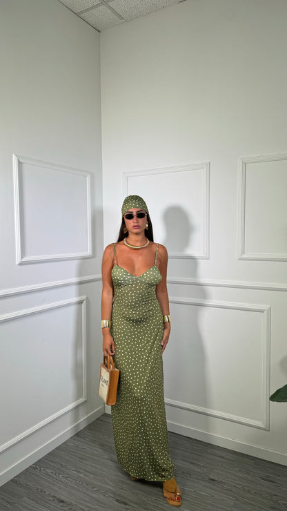 Abito midi in lycra a pois con fusciacca Kalispera verde avocado 6008