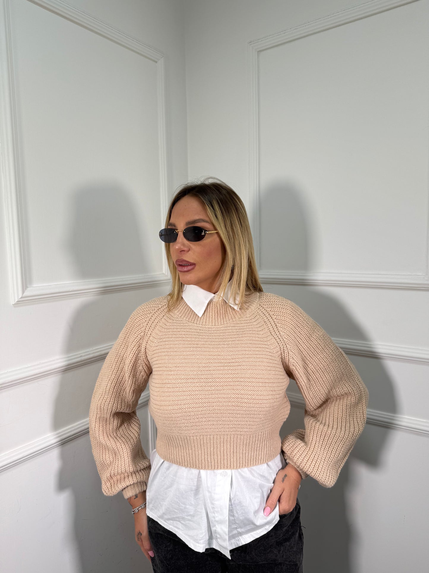 Maglioncino crop manica balloon Sugar beige mi09