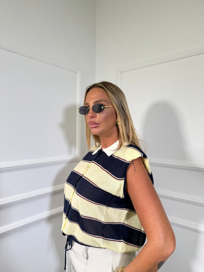Polo giromanica in filo con spalline Vanilla blu/giallo 7626