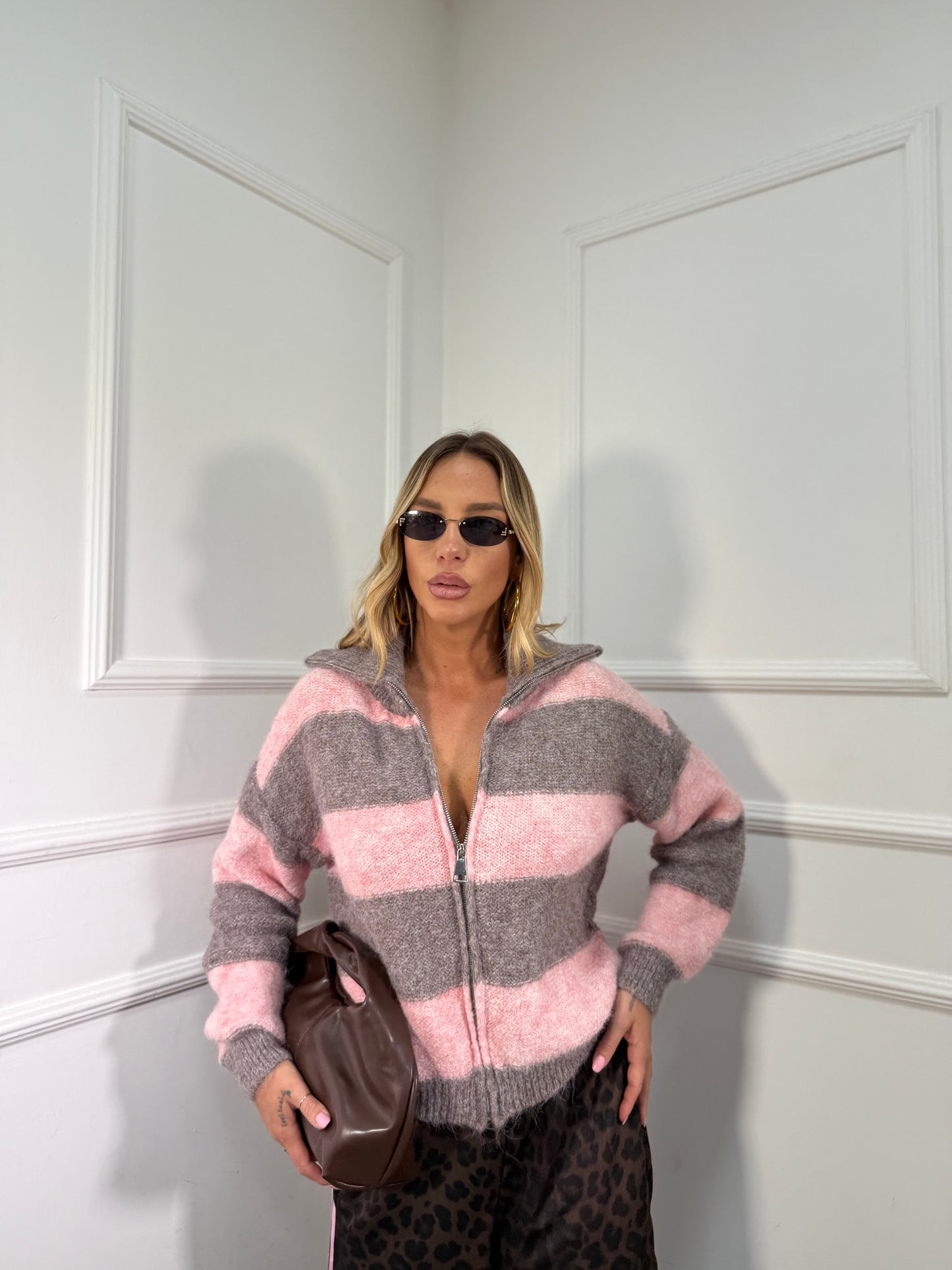 Maglioncino con zip misto lana rosa/taupe 51201