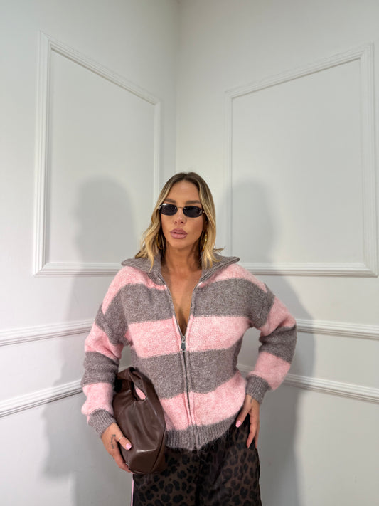 Maglioncino con zip misto lana rosa/taupe 51201