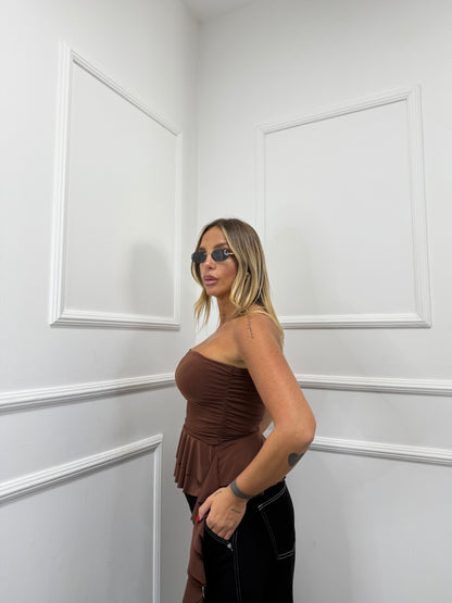 Top in lycra con rouches marrone