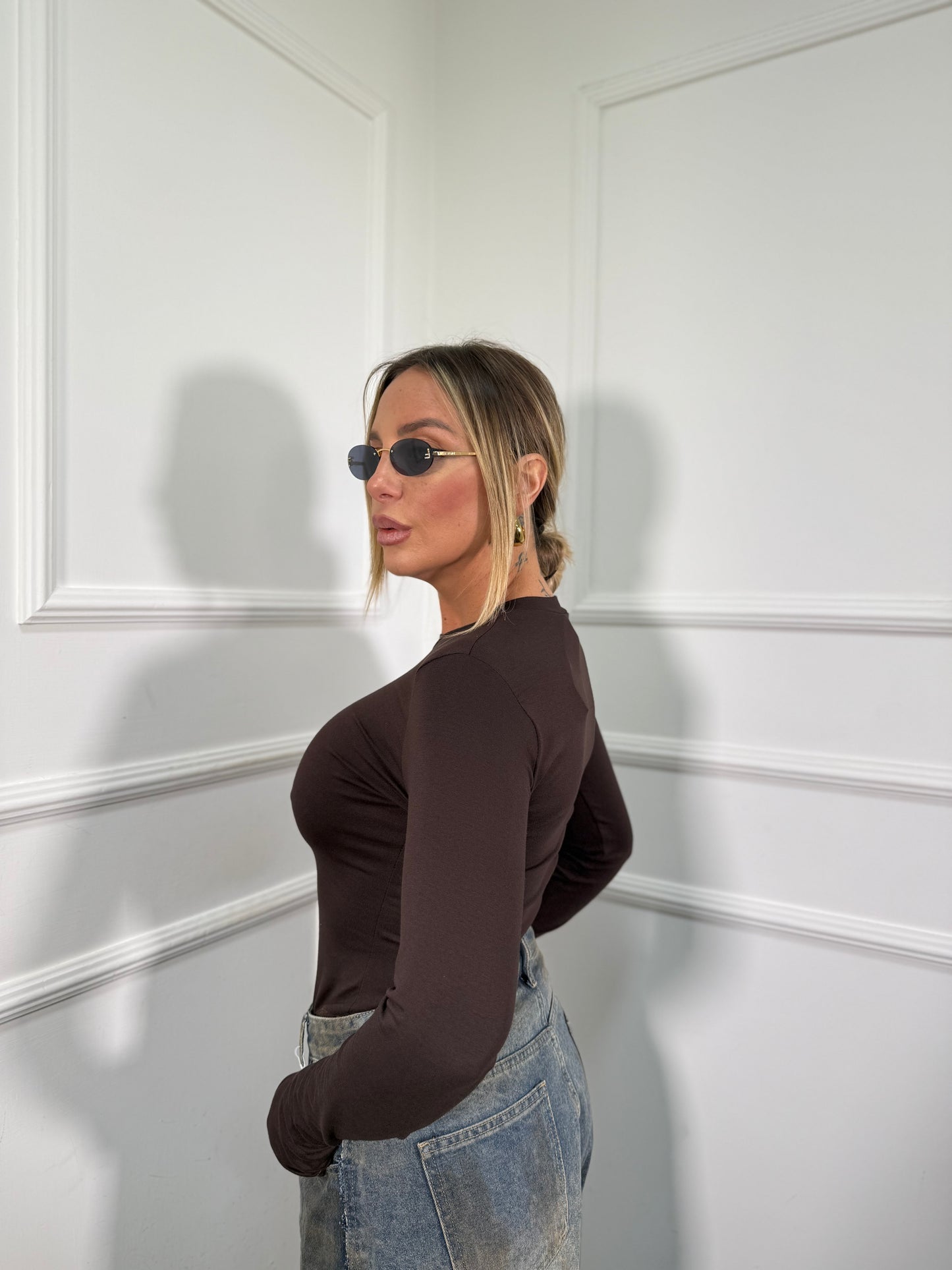 Body in cotone manica a guanto cioccolato