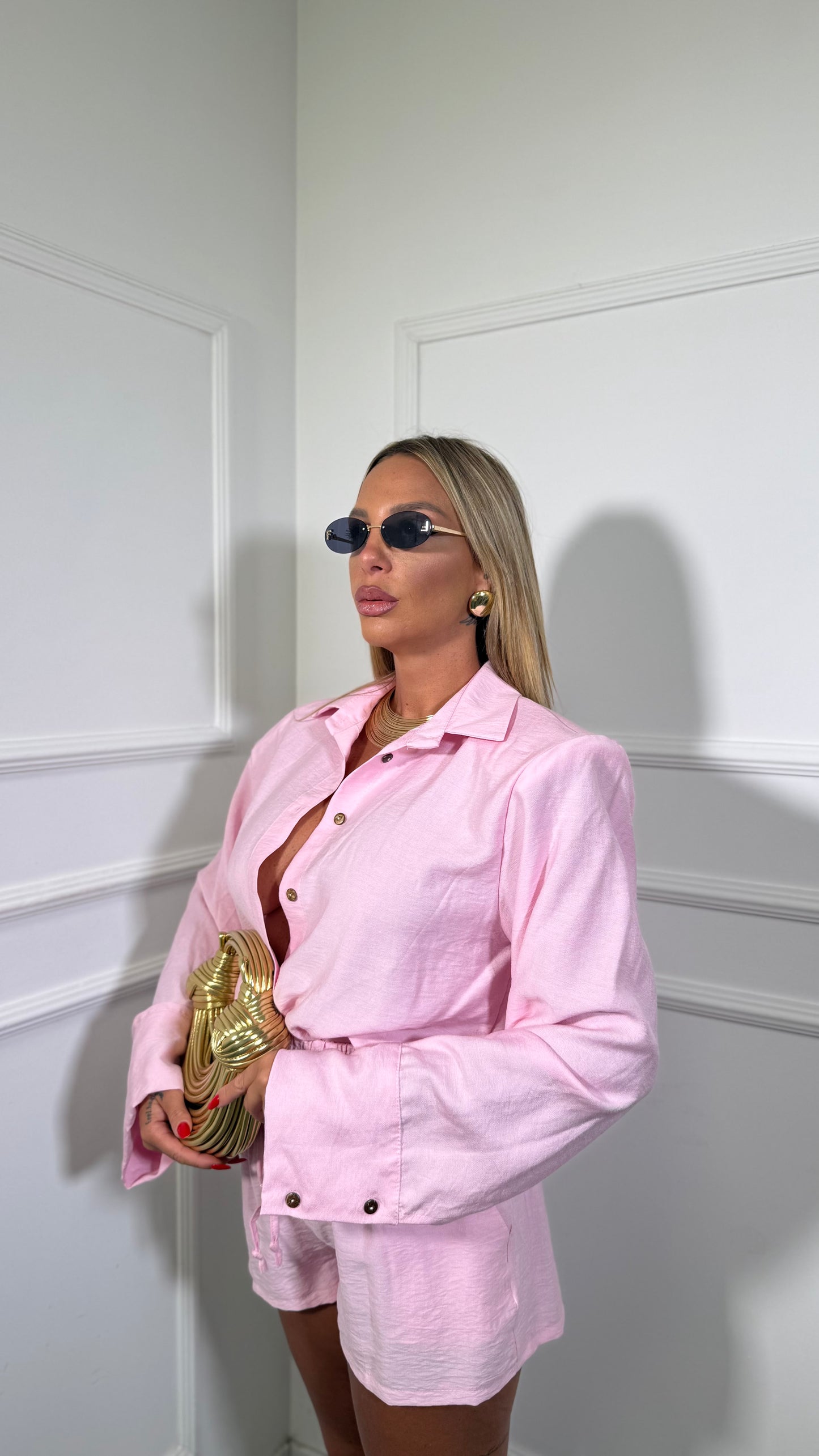 Coordinato misto lino con spalline Sirenuse rosa baby 7105