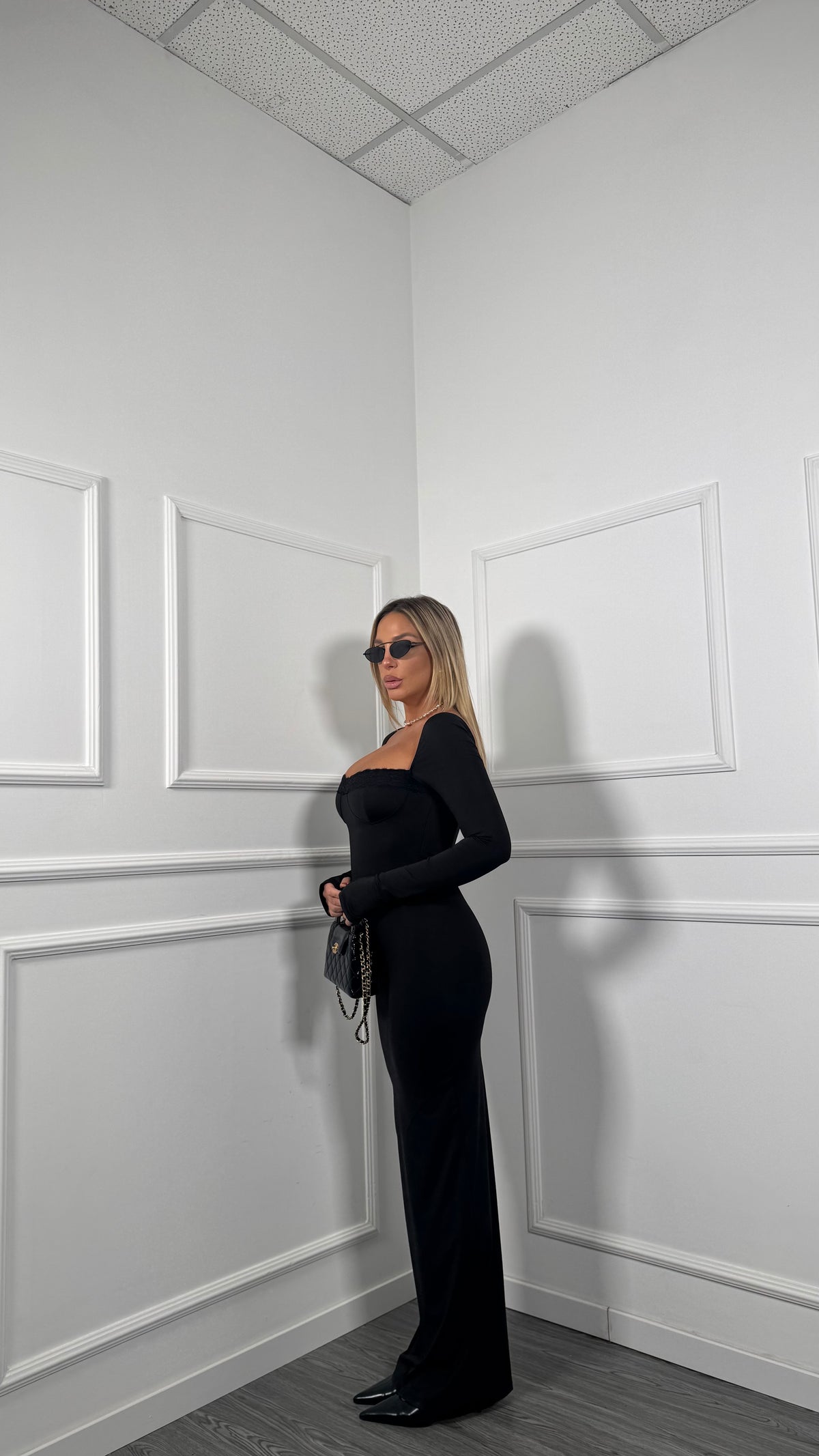 Abito lungo in lycra dettaglio in pizzo Female nero 6148