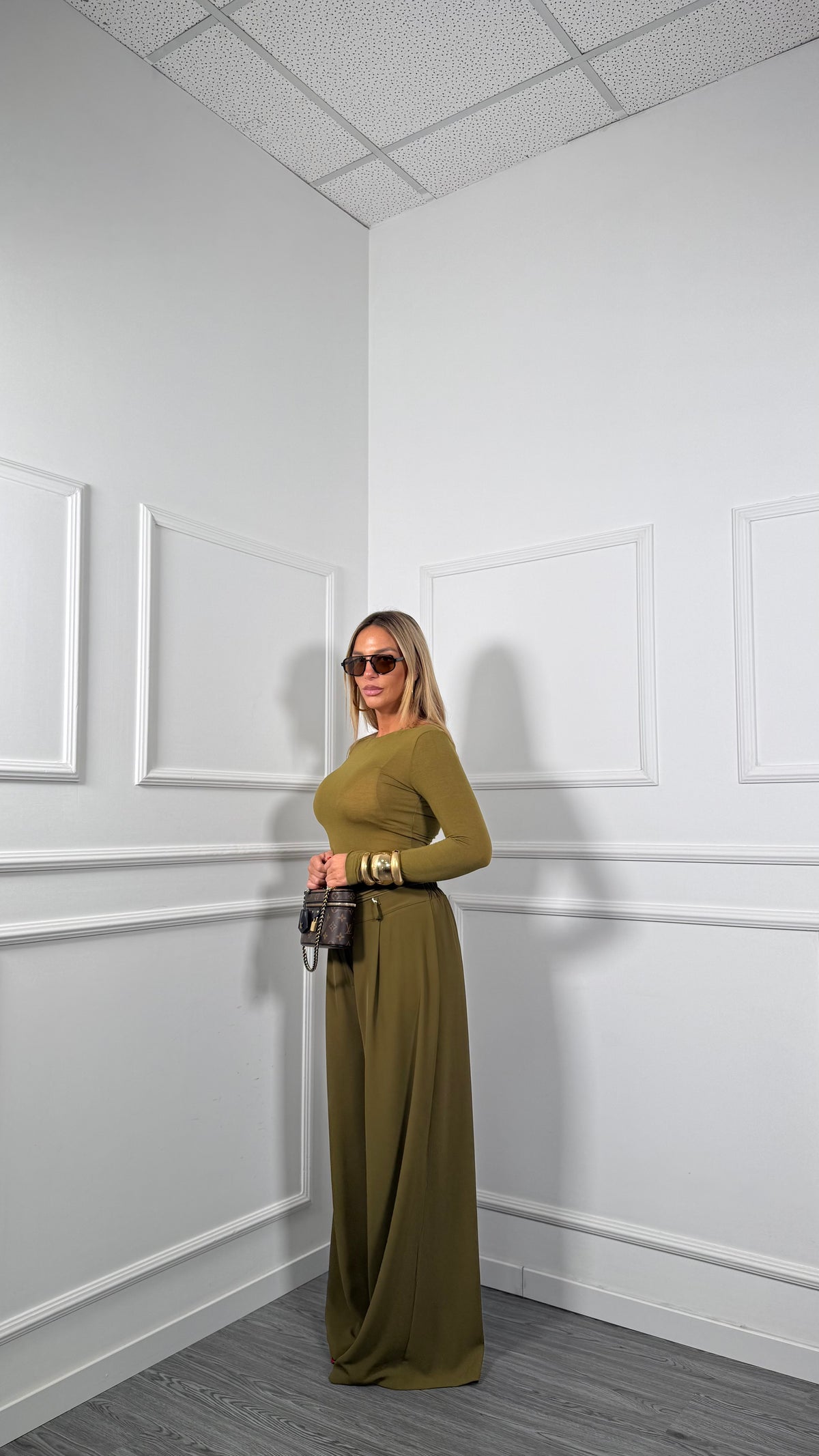 Pantaloni palazzo doppio bottone Curvy Winter verde oliva 250805