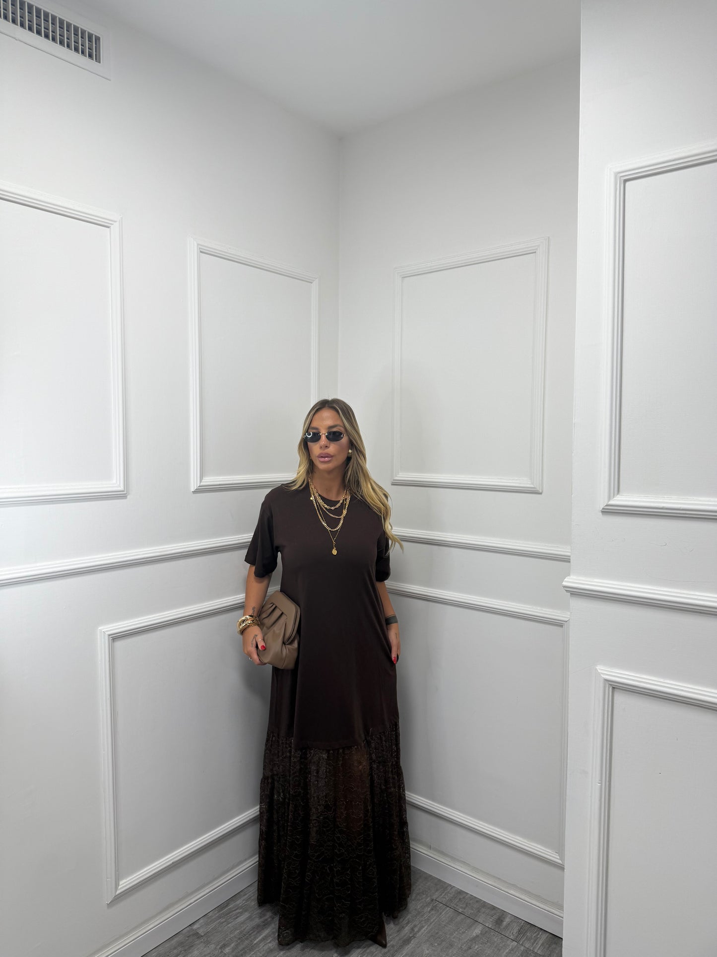 Maxi abito in pizzo Dakota marrone ld3443 by lumina