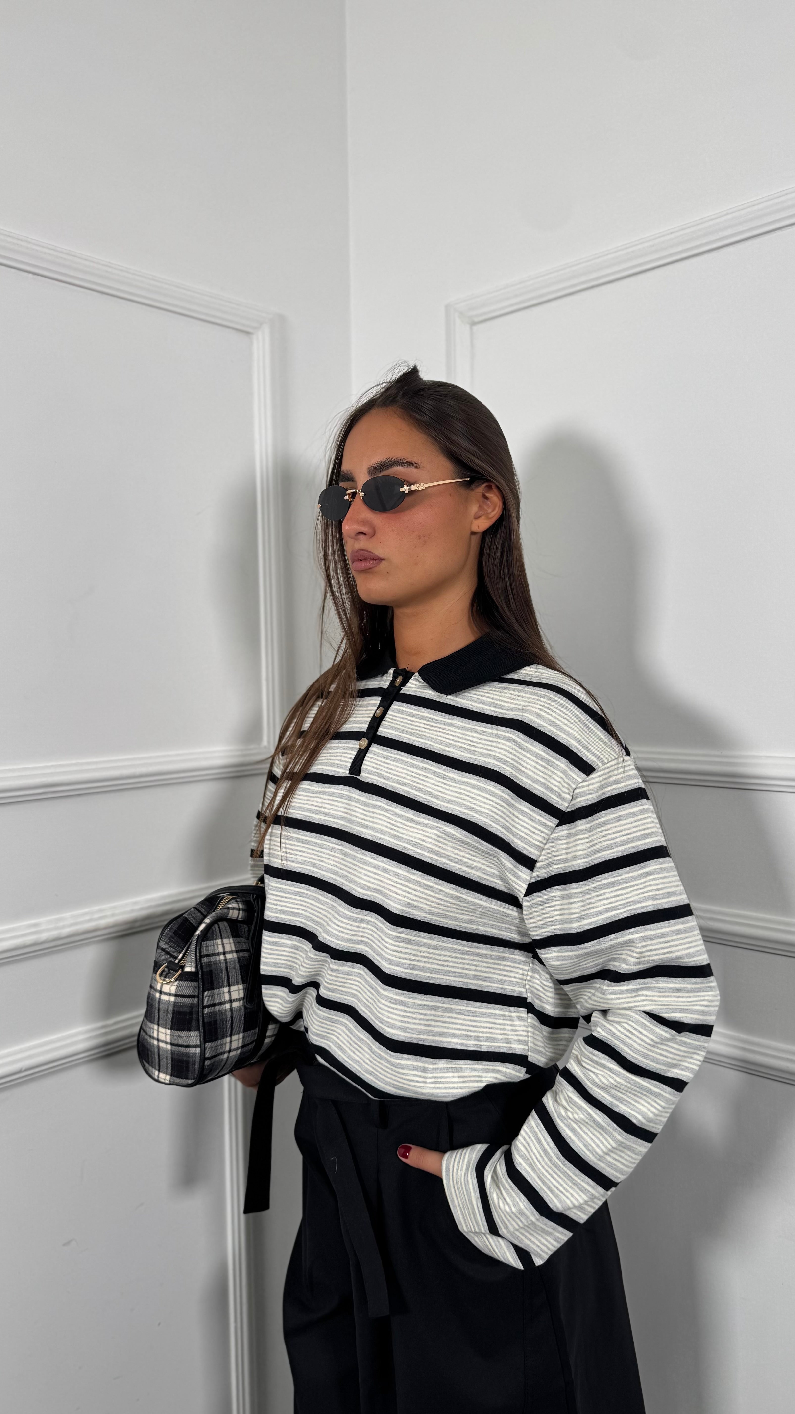 Polo in cotone a righe con colletto Contrast grigio 3333