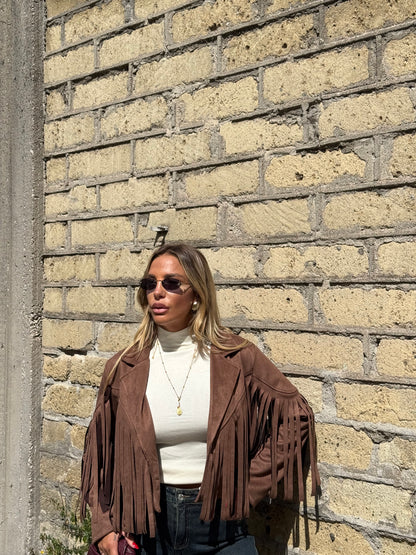 Giacca crop eco camoscio con frange West cuoio