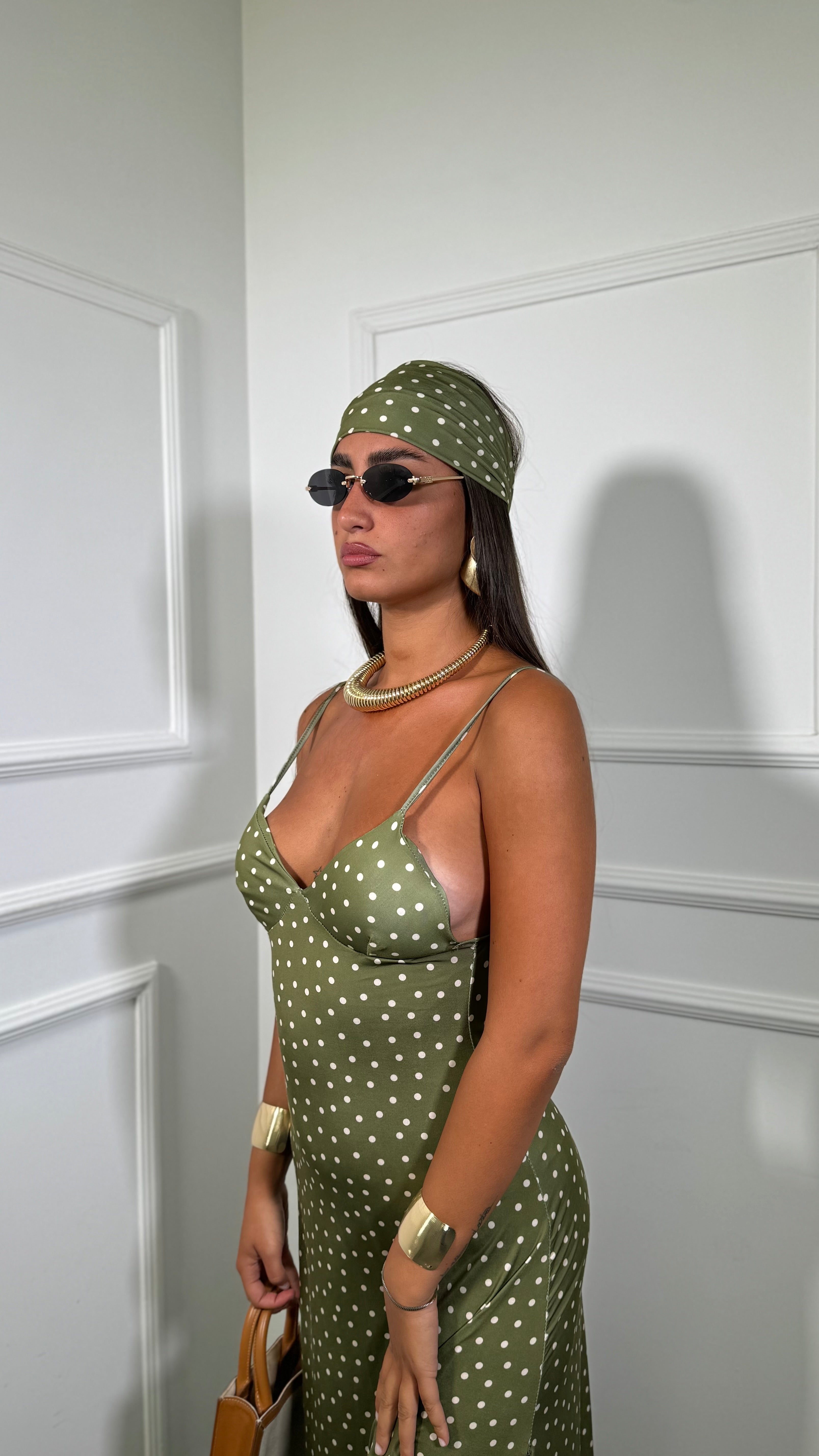 Abito midi in lycra a pois con fusciacca Kalispera verde avocado 6008
