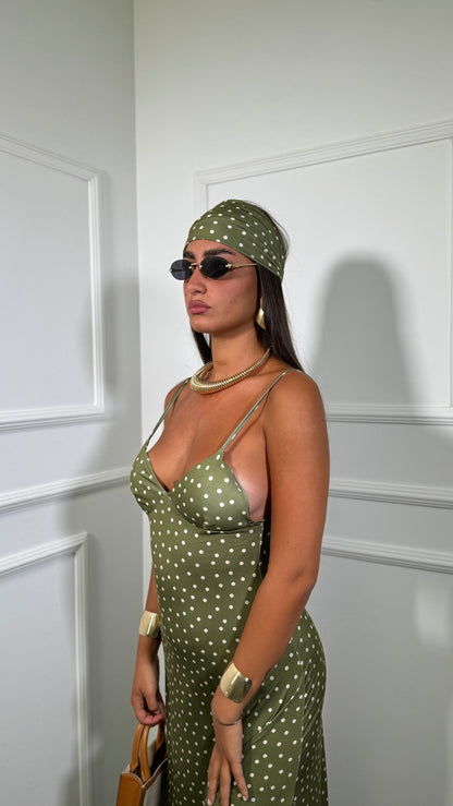Abito midi in lycra a pois con fusciacca Kalispera verde avocado 6008