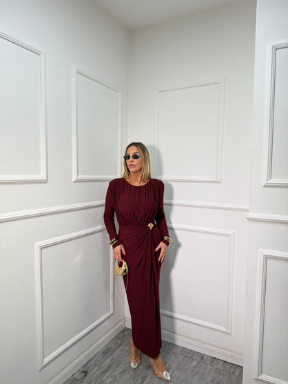 Abito midi drappeggiato con nodo Megan bordeaux 4300