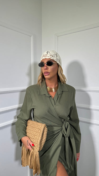 Abito midi portafoglio in lino (curvy) con spalline Brusco verde militare 001586