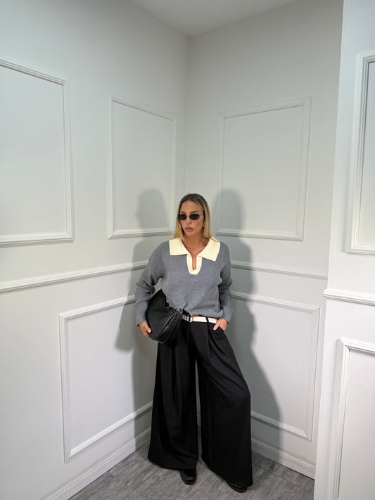 Pantaloni palazzo con cintura nero 10226