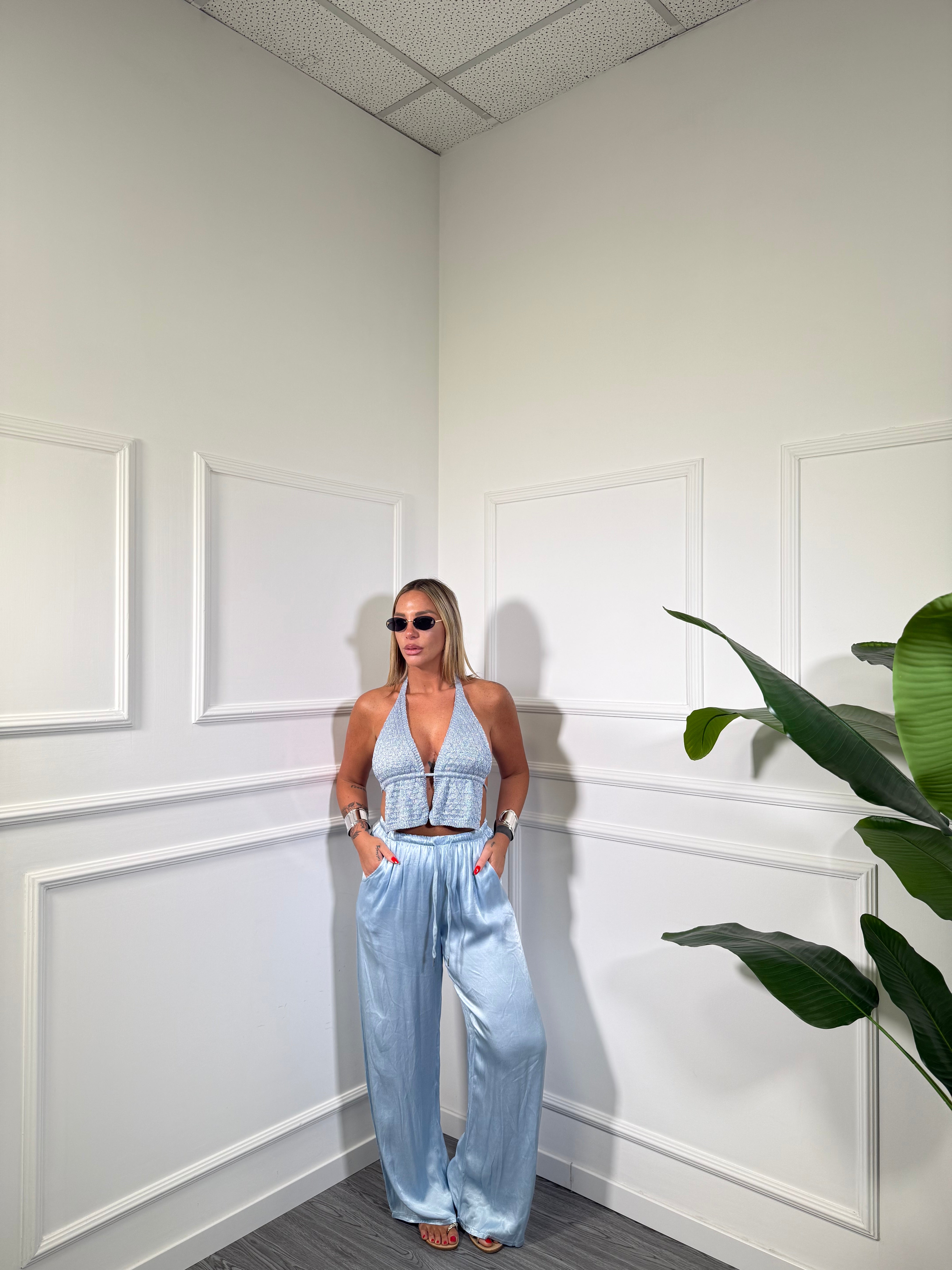 Pantaloni palazzo in satin Must Have azzurro pastello 24205