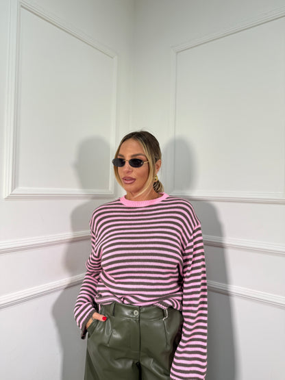 Pullover in maglia a righe manica campana verde/rosa 025835