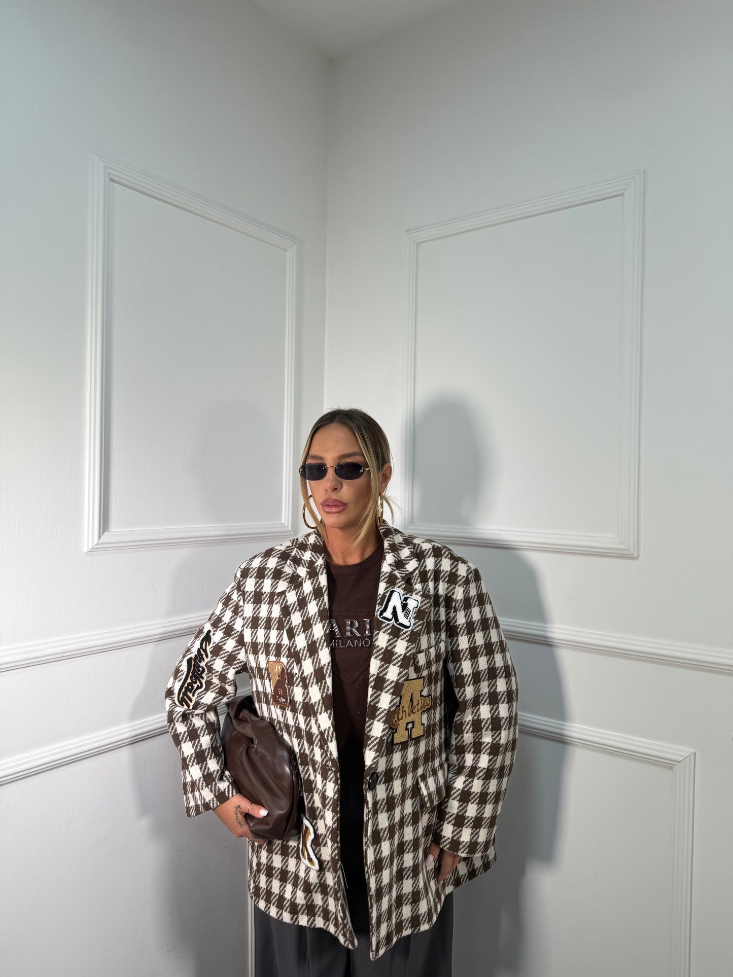 Blazer lana cotta pied de poule Patchwork marrone/panna 1506090