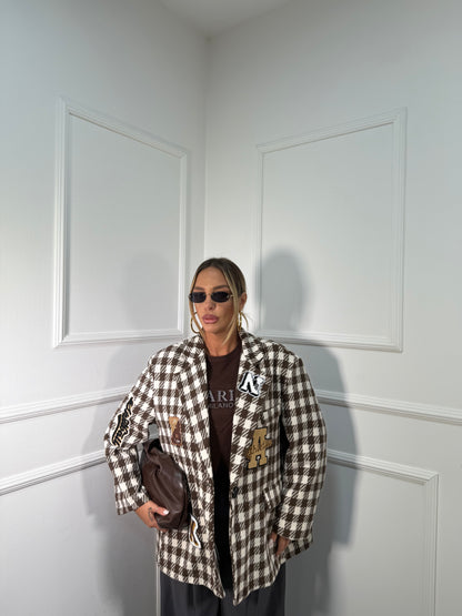 Blazer lana cotta pied de poule Patchwork marrone/panna 1506090