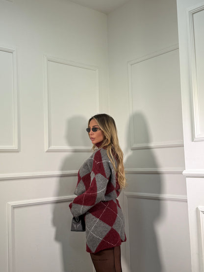 Coordinato rombi in lana cotta Joy bordeaux/grigio