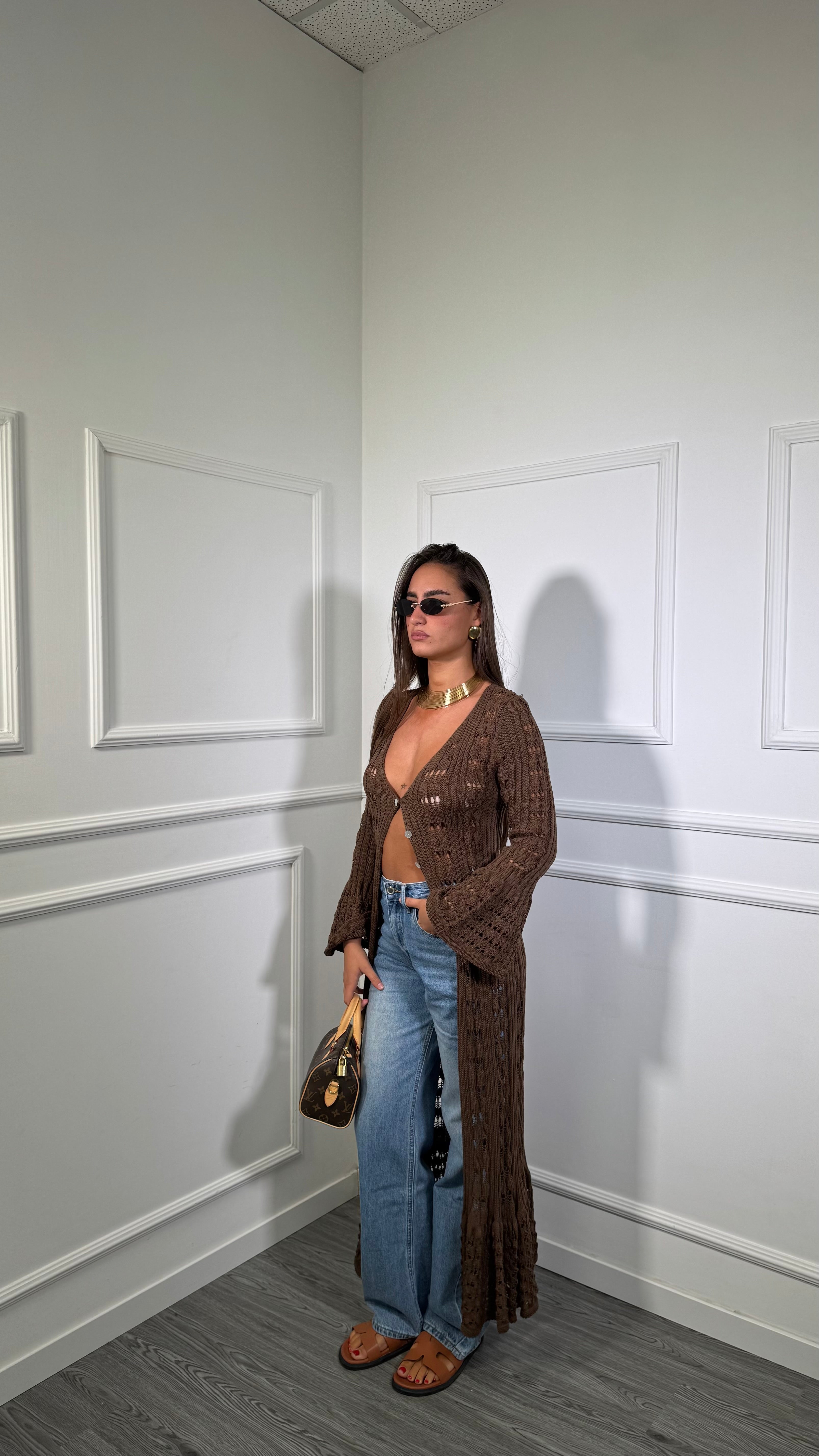 Maxi cardigan in filo Mykonos cioccolato 3676