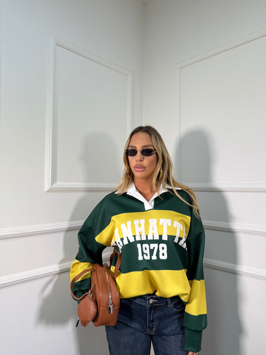 Felpa polo oversize Manhattan verde/gialla