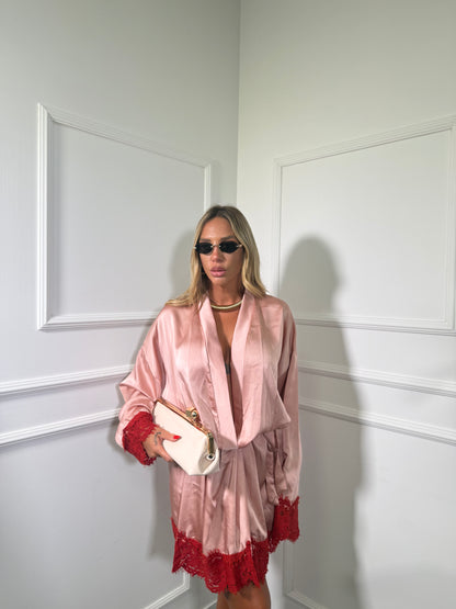Kimono in satin e pizzo Kesya rosa