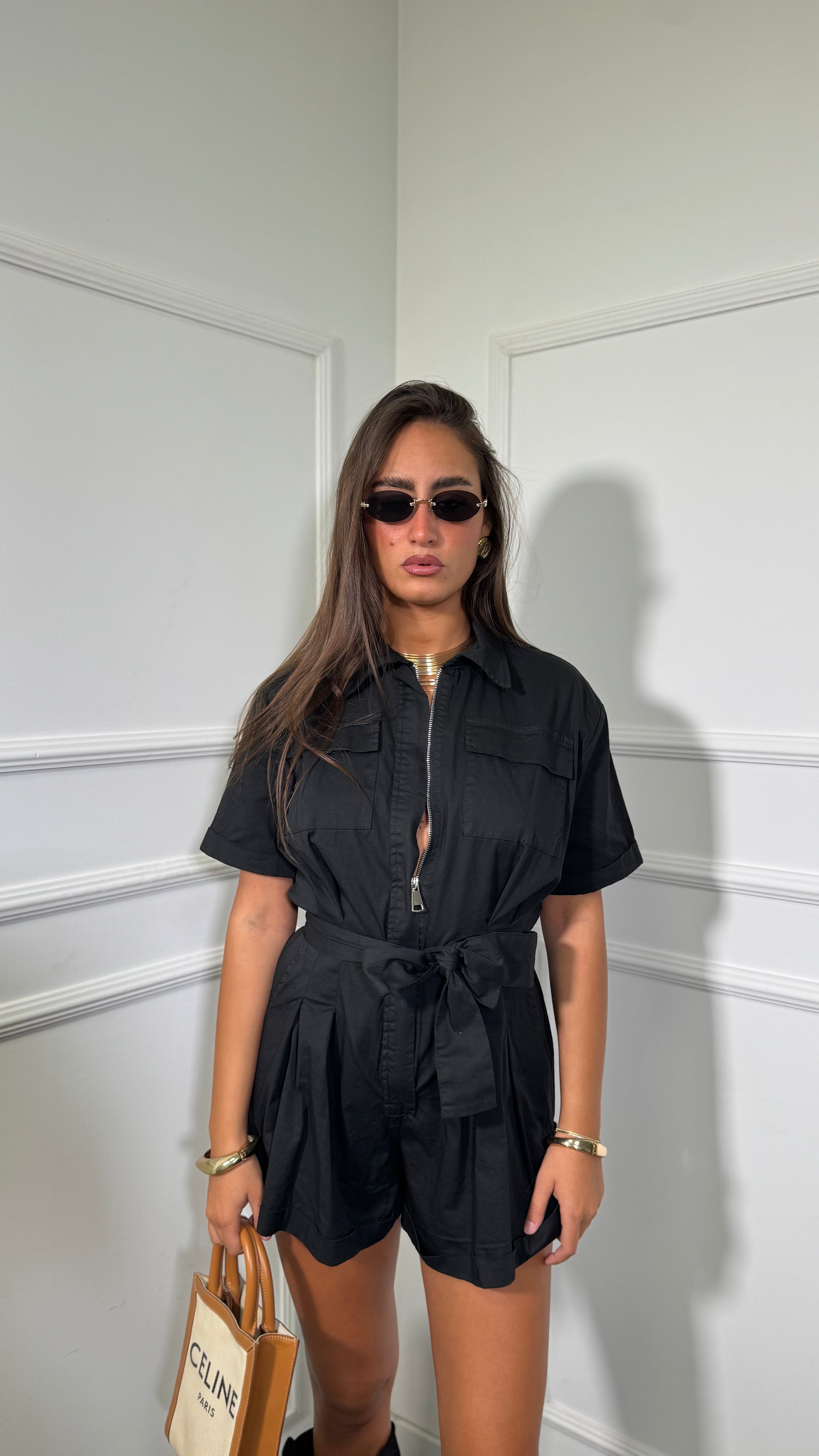 Jumpsuit in cotone con fusciacca Nereis nero my59253
