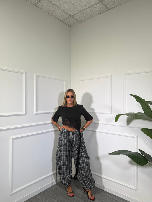 Pantaloni parachute a quadri nero 9921