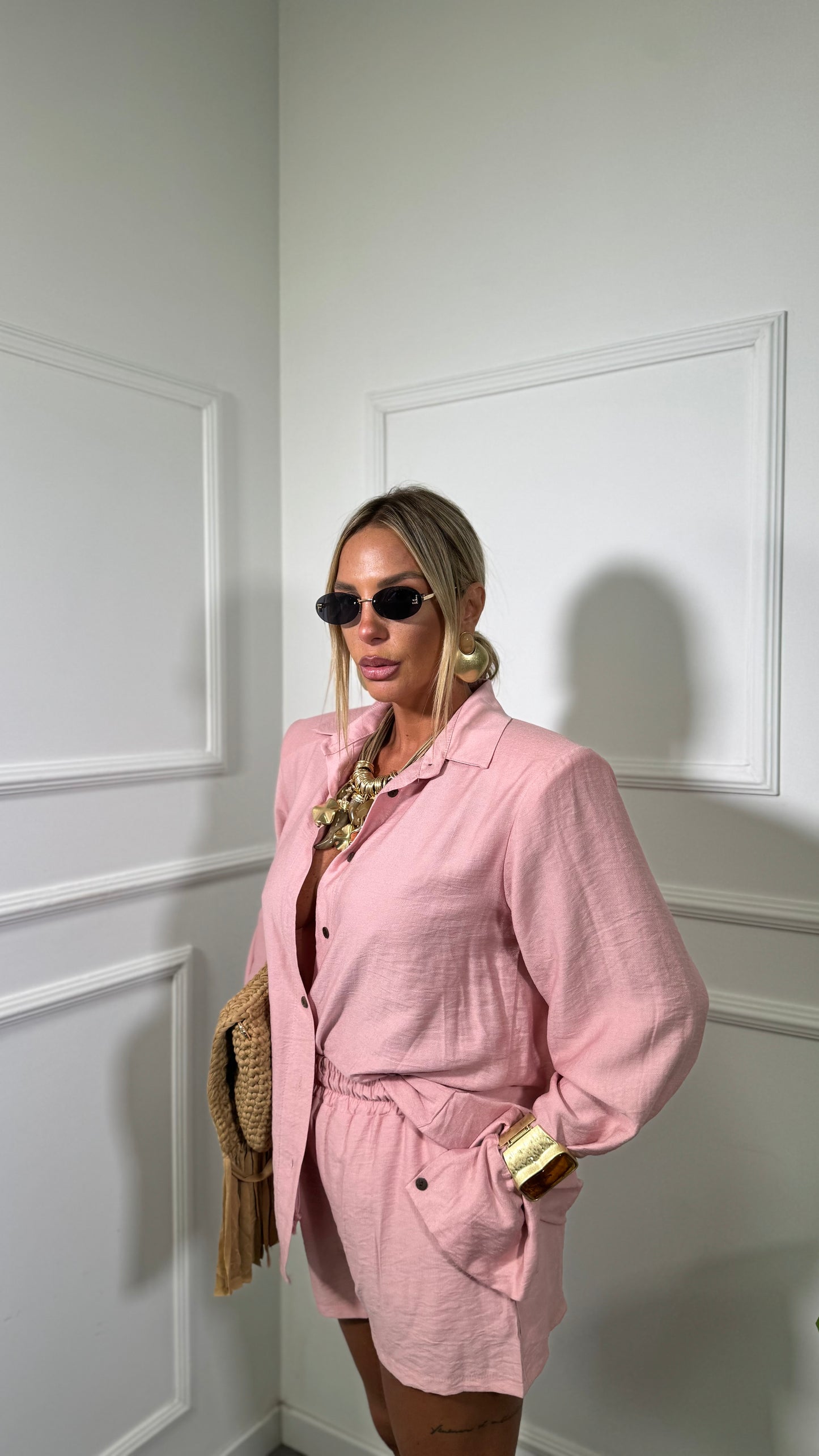 Coordinato misto lino con spalline Sirenuse rosa 7105