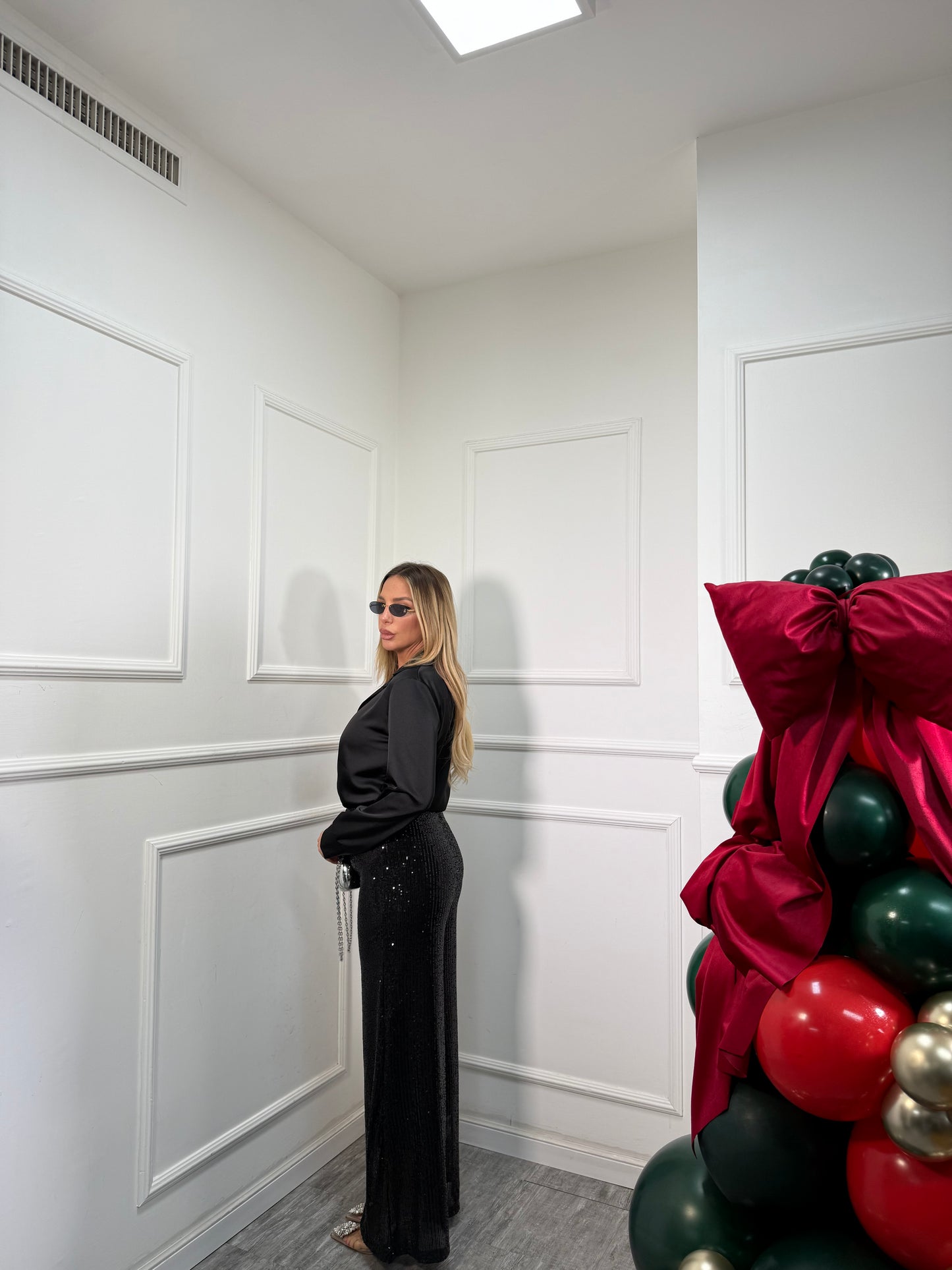 Pantaloni palazzo micro paillettes nero 30696