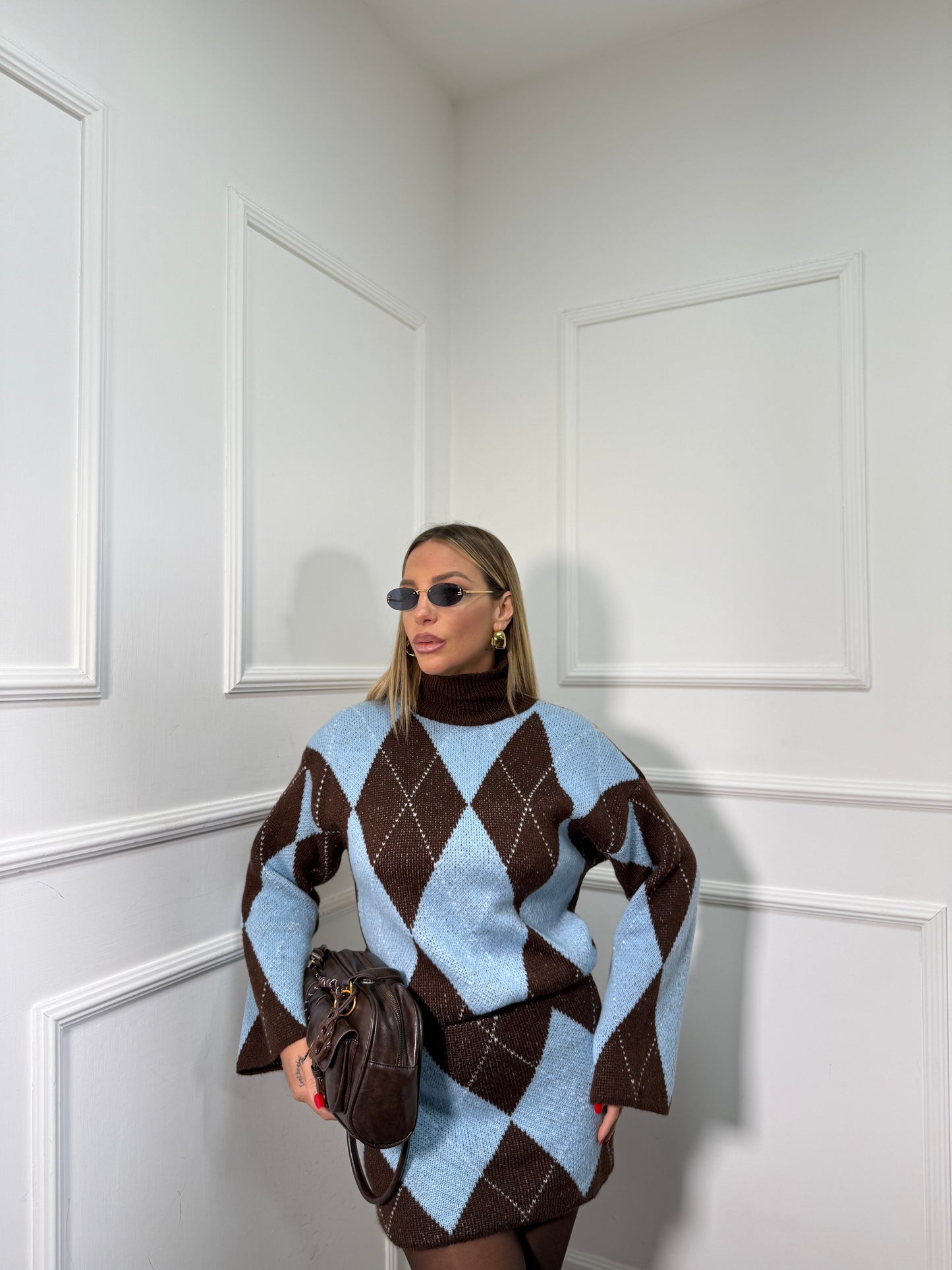Coordinato rombi in misto lana Ginger azzurro/cioccolato 3960