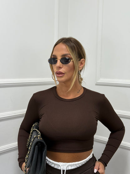 Shirt crop a costine Simple cioccolato 5029