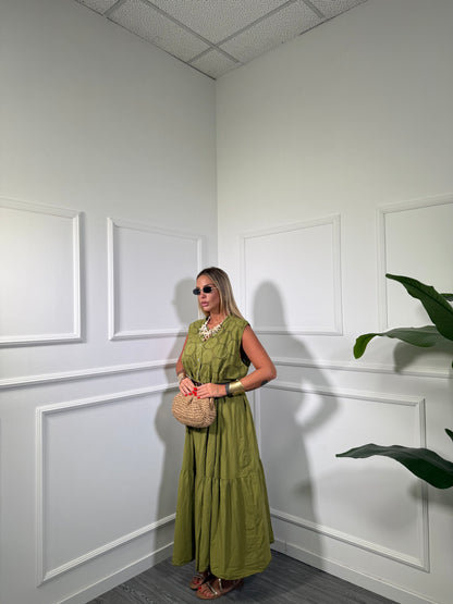 Abito midi in cotone pizzo San gallo con cintura verde acido kk10125