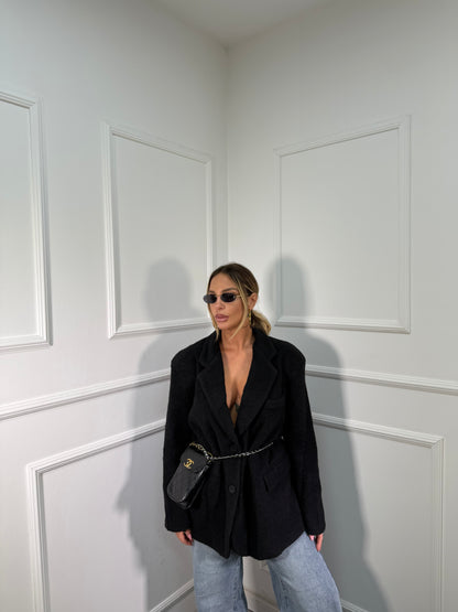 Blazer oversize con spalline in lana cotta nero gc04 9833