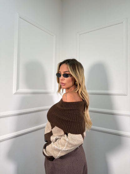 Pullover scollo a barca lana cotta con rombi Jilly cioccolato 33920