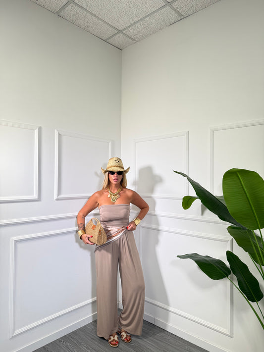 Jumpsuit palazzo in viscosa a fascia con bandana Kalimera taupe 22498