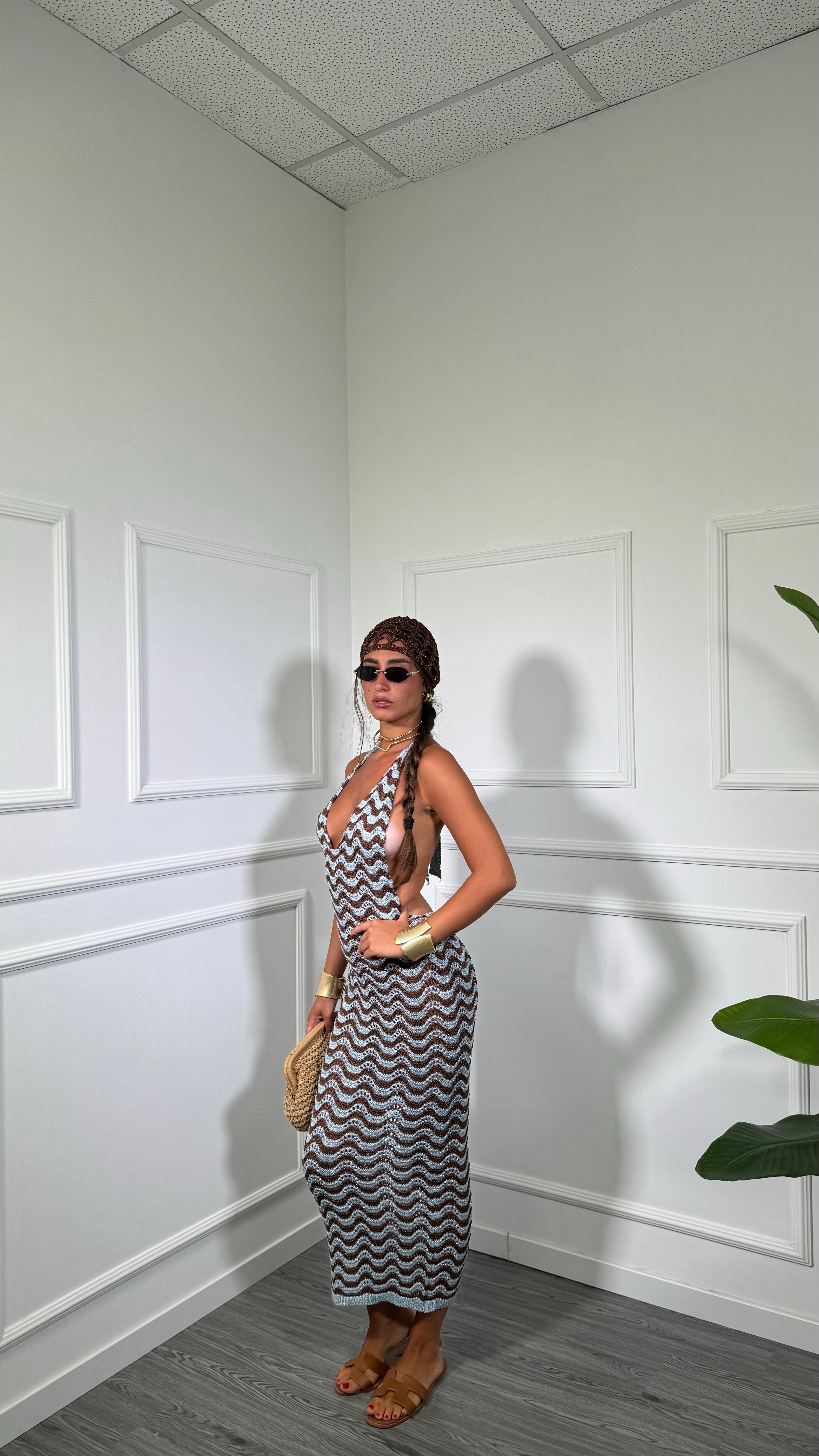 Abito midi in filo lurex zig zag Zama cioccolato/azzurro 3778