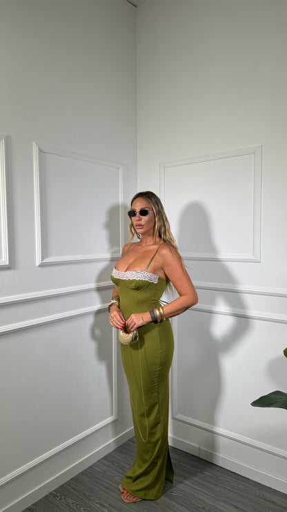 Abito lungo in lycra con pizzo Kendra verde acido