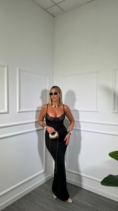 Abito midi in lycra modellante con pizzo Moonlight nero 1118
