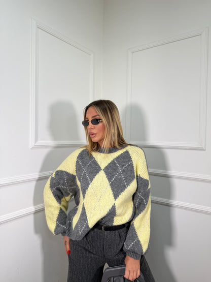 Pullover lana cotta con rombi Snowball giallo/grigio 31892