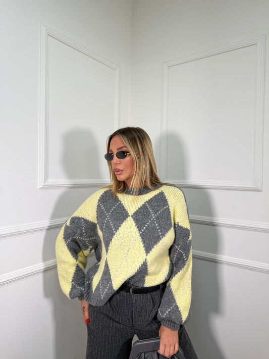 Pullover lana cotta con rombi Snowball giallo/grigio 31892