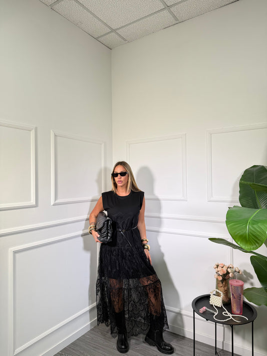 Abito midi in pizzo con spalline Sharon nero 3340