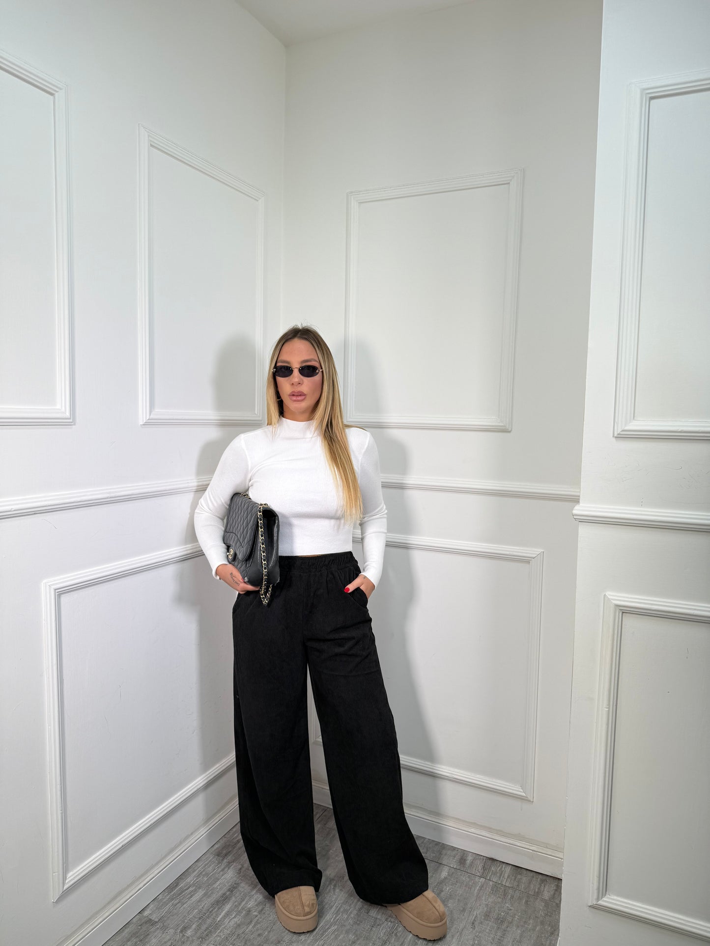 Pantaloni palazzo a costine in velluto All Day nero 5280