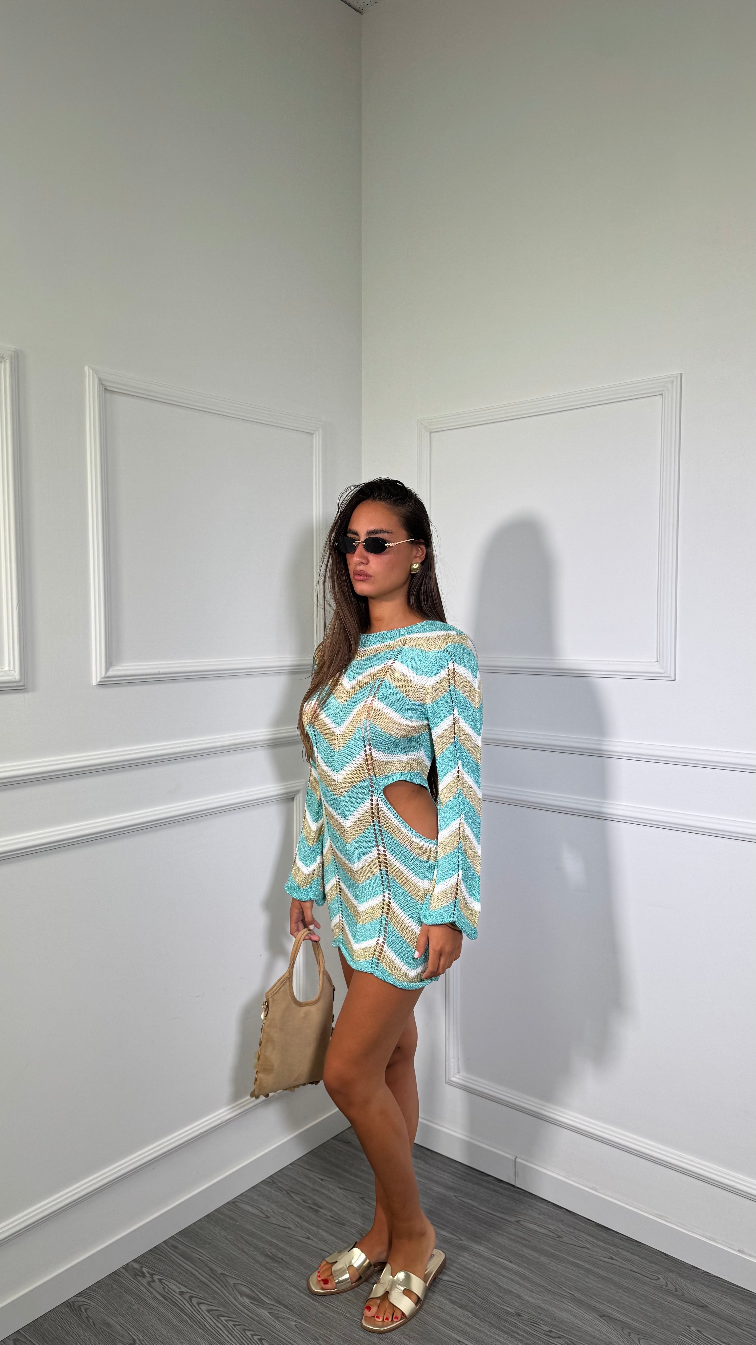 Abito corto in filo lurex cut out Miami verde acqua/oro