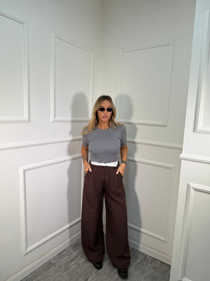 Pantaloni palazzo con doppio bustino elastico marrone m12520