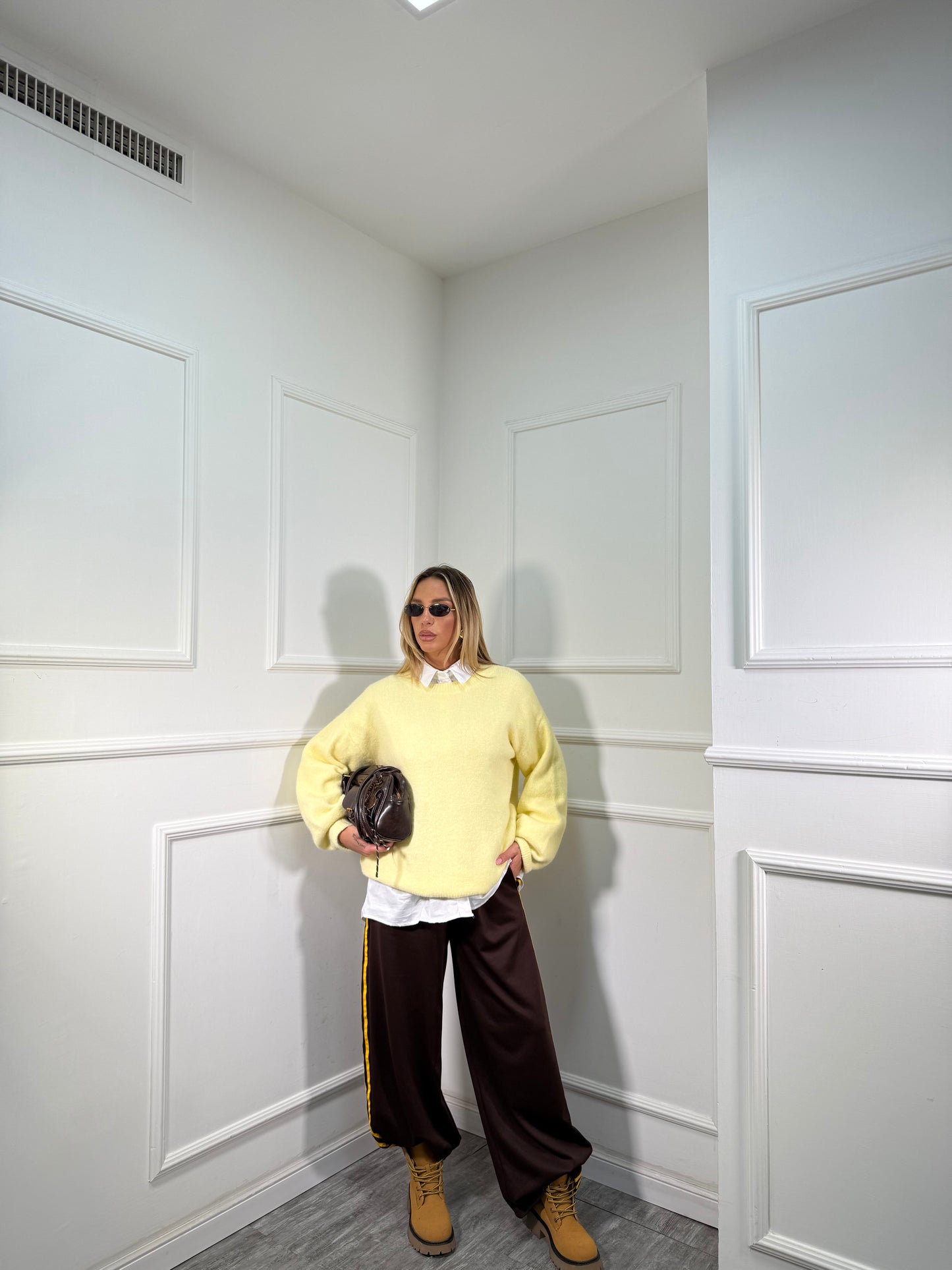 Pantaloni palazzo banda laterale Travel cioccolato/giallo 6865